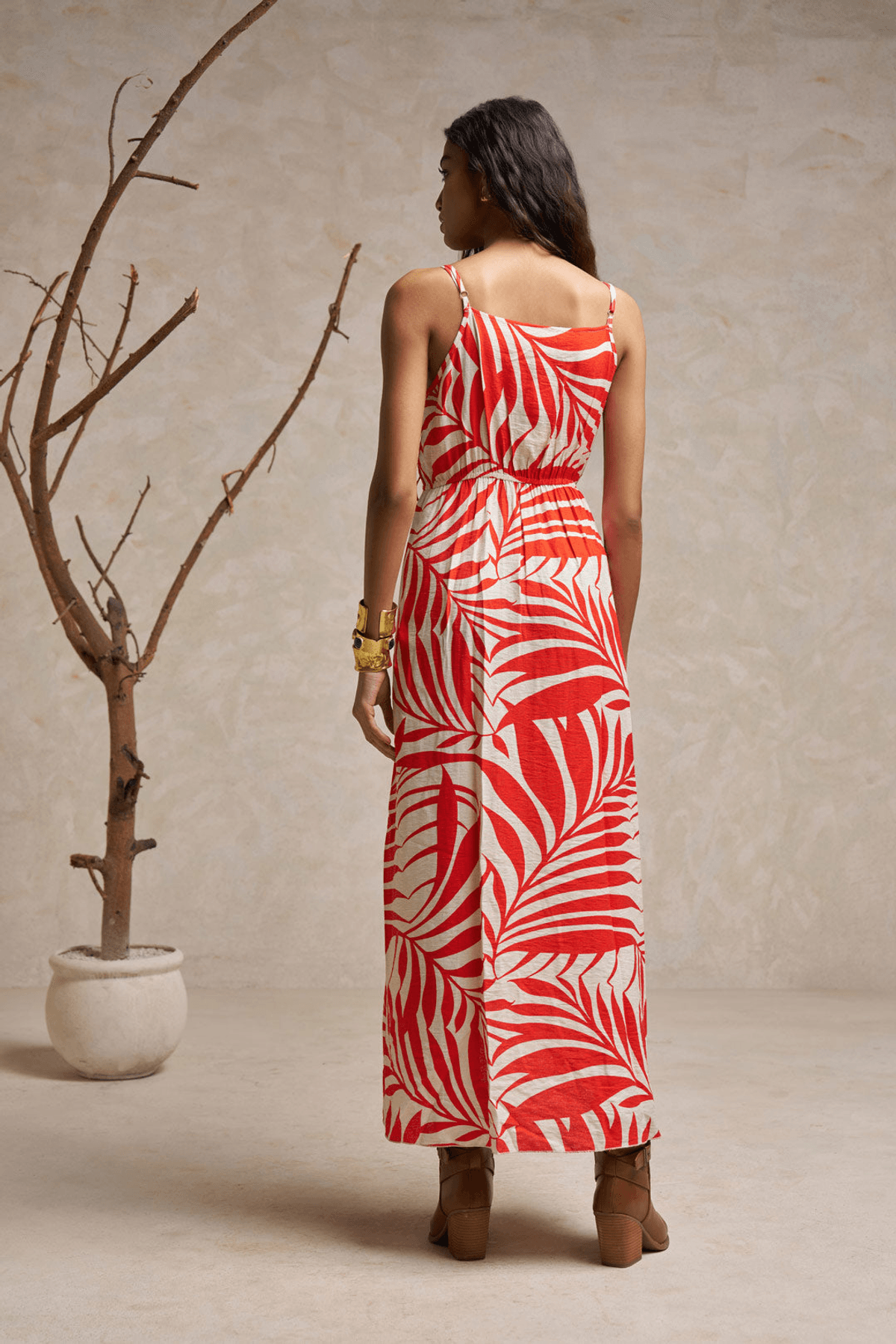 Spaghetti Strap Midi Dress – Orange & Cream with Front Cut & Extended Back - View 4 - Superr*