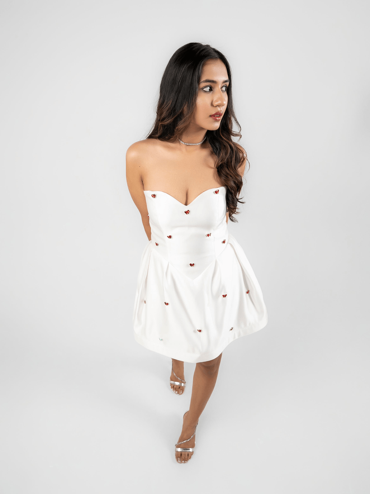 Azure - White mikado satin strapless mini dress with red stone detailing - View 3 - Superr*
