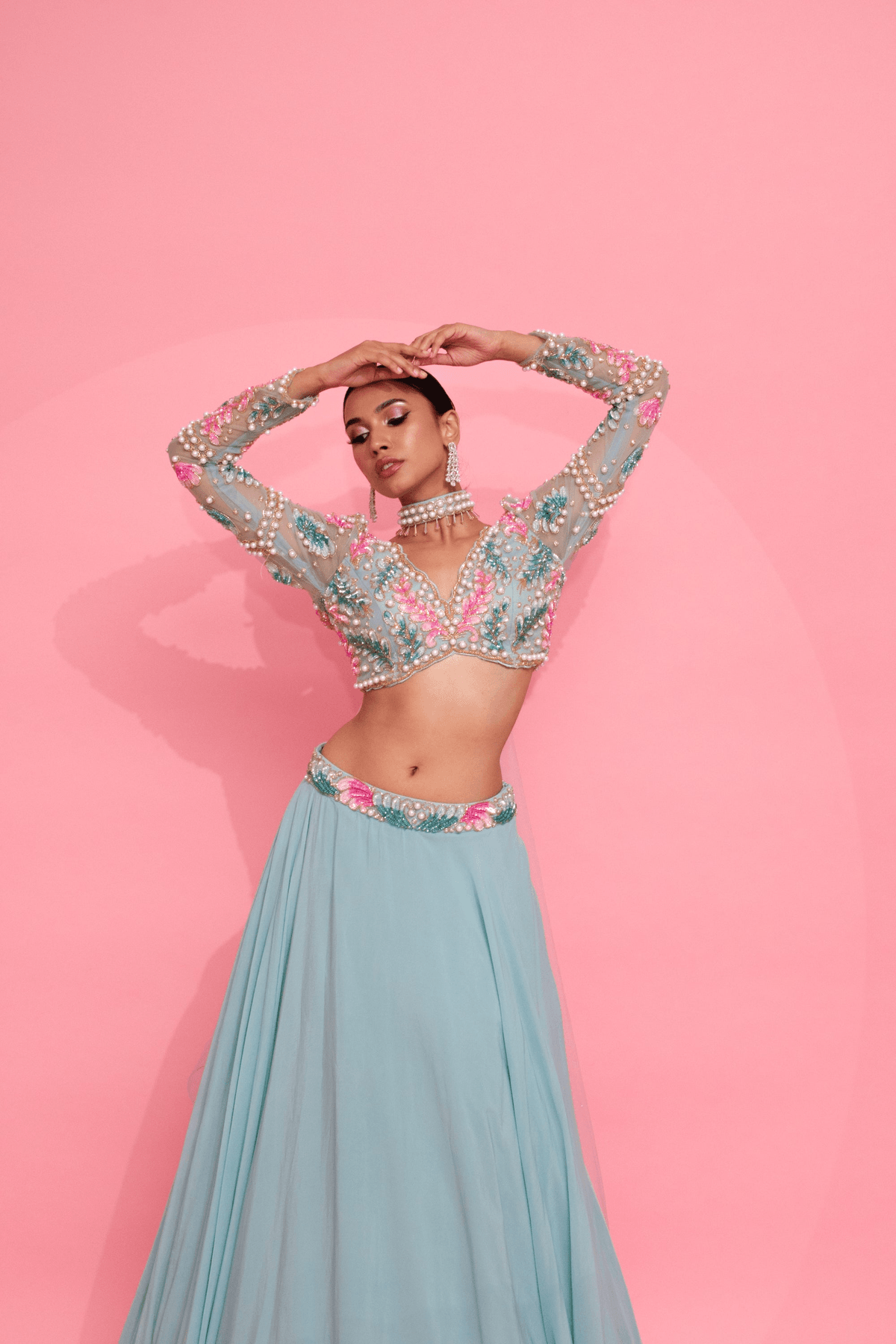 Blue Blossom Brilliance: Embroidered Blouse, Belted Lehenga, and Net Dupatta - View 2 - Superr*