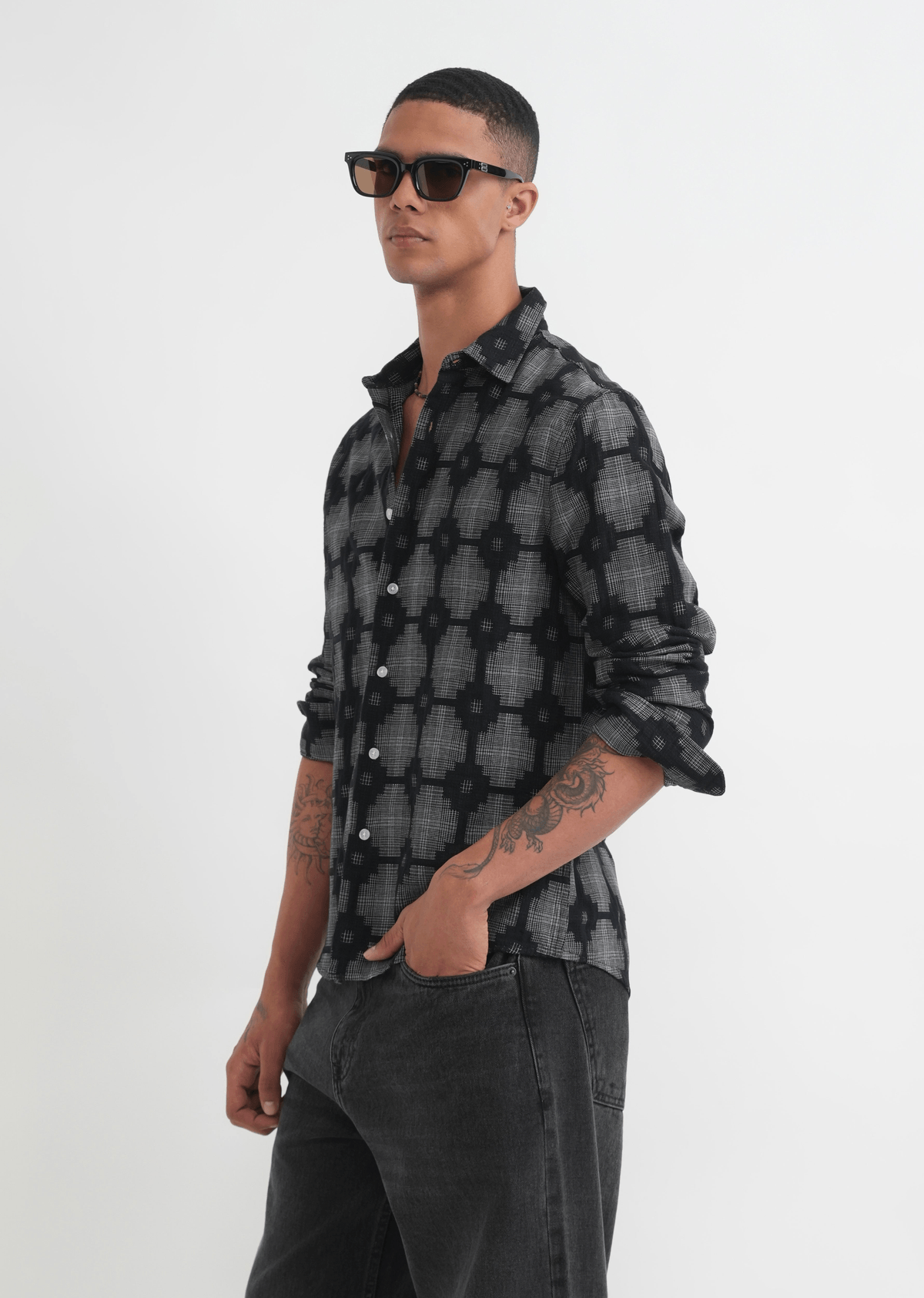 Black Geometric Jacquard Shirt - View 4 - Superr*