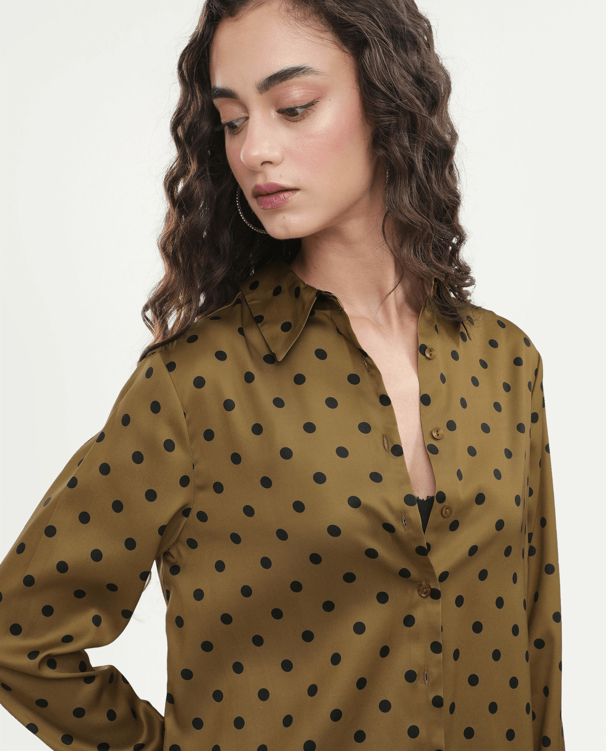Rareism Women's Pola Beige Polyester Fabric Spread Collar Relaxed Polka Print Shirt - View 4 - Superr*