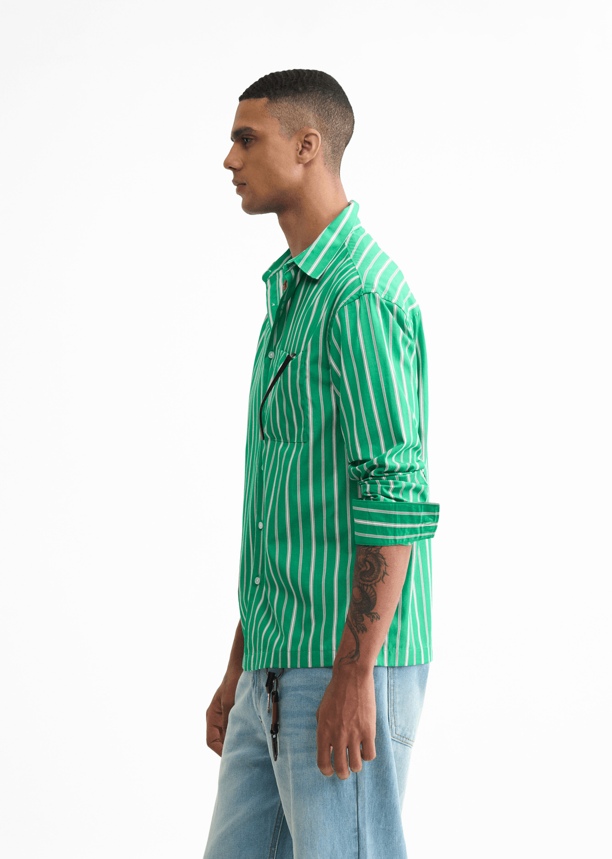 Green Cotton Striped Boxy Shirt - View 4 - Superr*