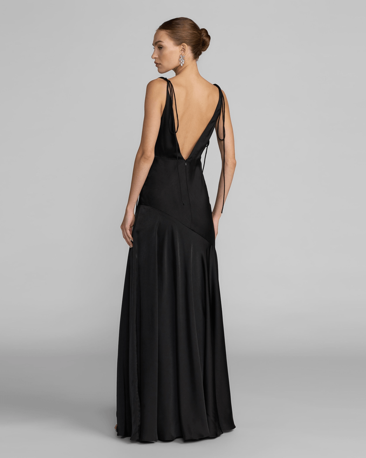 Black Charmeuse Cowl Gown With Thin Bow Straps - View 3 - Superr*