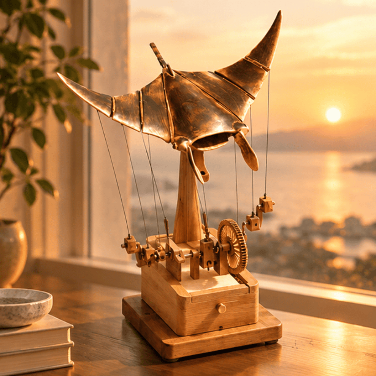 Handcrafted Wooden Manta Ray Automation Kinetic Art Sculpture - View 2 - Superr*