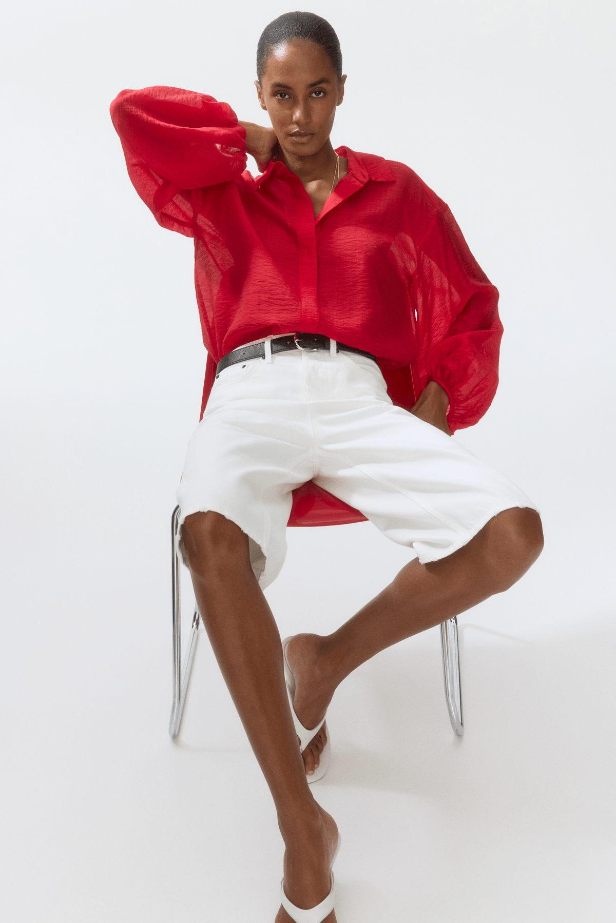 Women's Red Balloon-sleeved linen-blend shirt - View 4 - Superr*