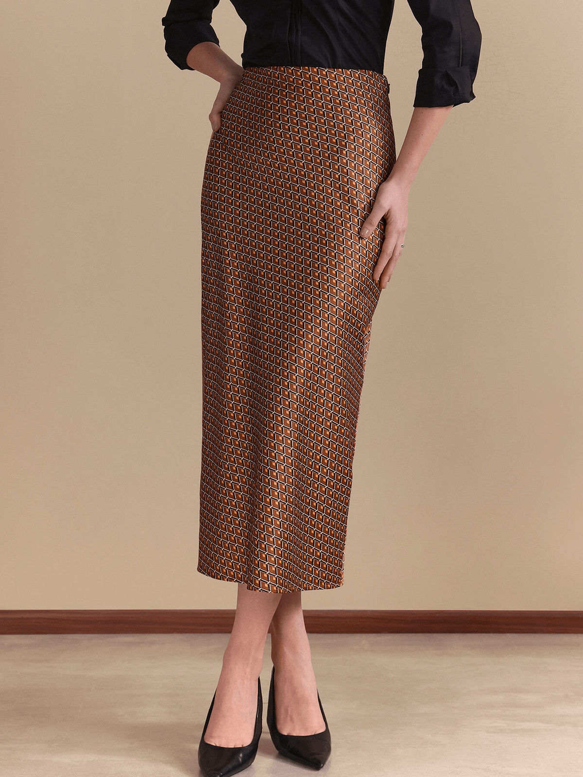 Satin Retro Print Midi Skirt - Rust - View 4 - Superr*