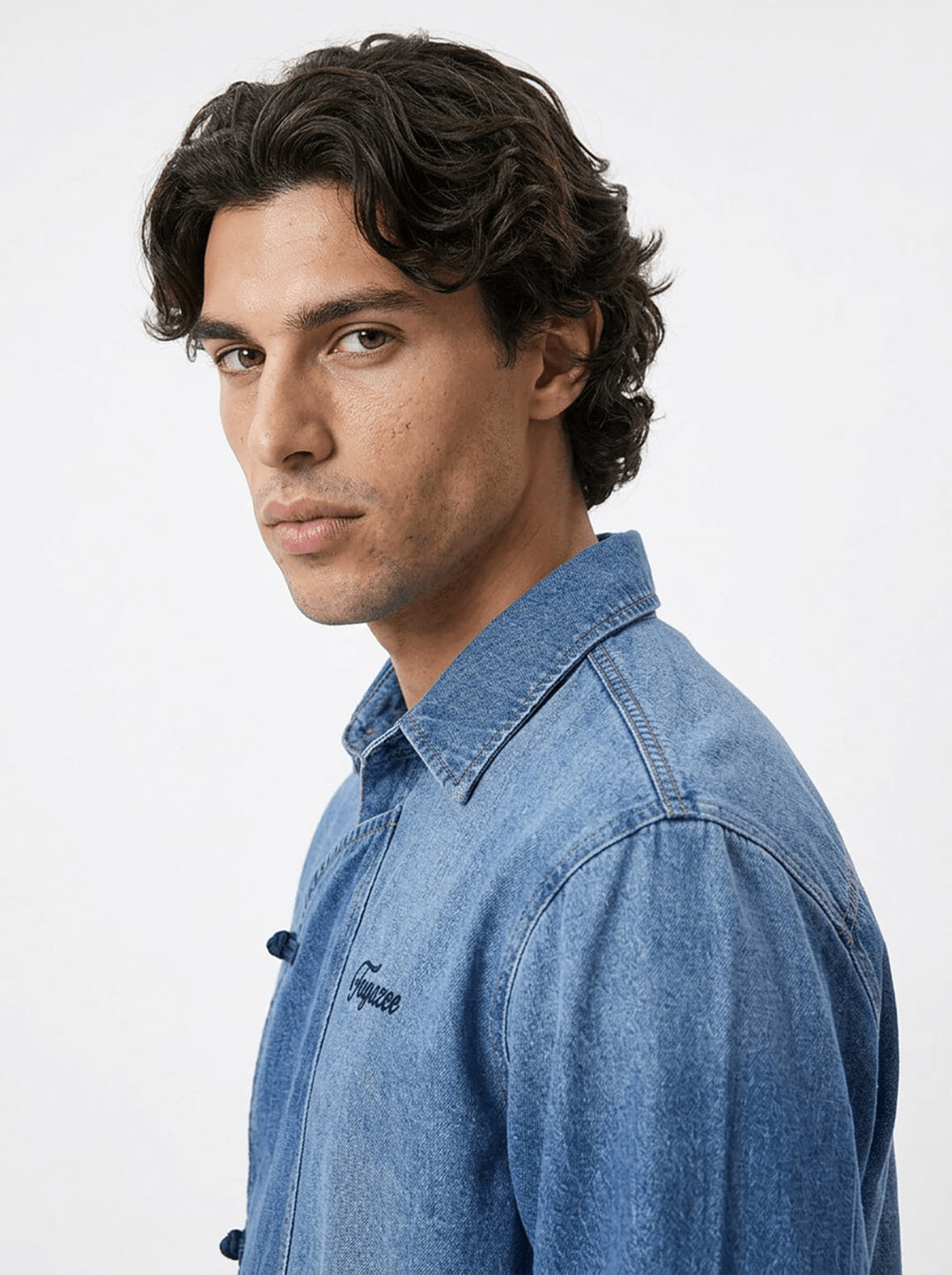 Denim Chinese Frog Buttoned Cropped Denim Shirt - View 3 - Superr*
