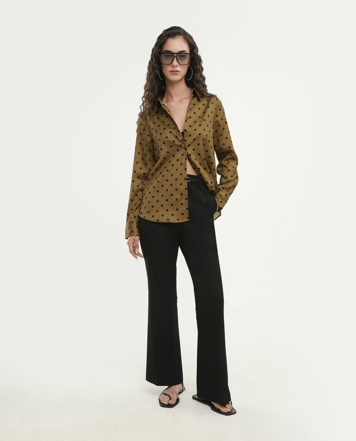 Rareism Women's Pola Beige Polyester Fabric Spread Collar Relaxed Polka Print Shirt - View 3 - Superr*