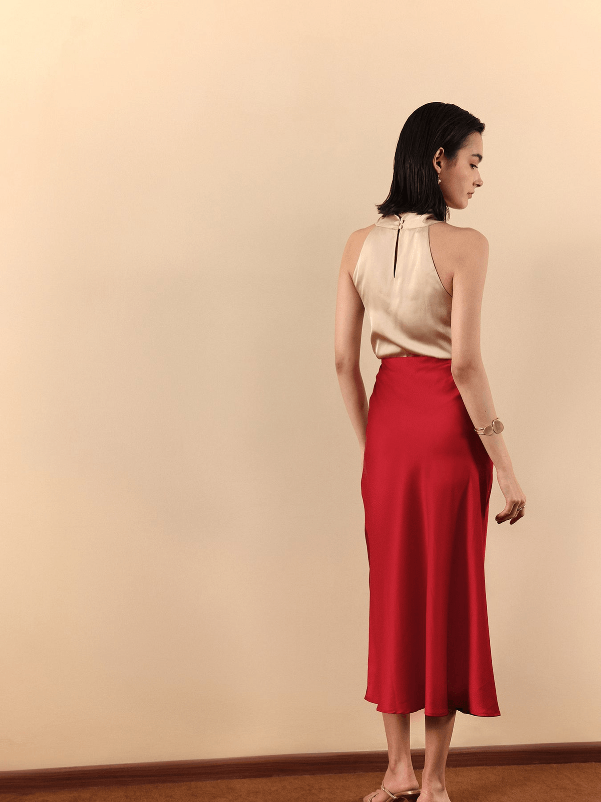 Satin A-Line Midi Skirt - Red - View 3 - Superr*