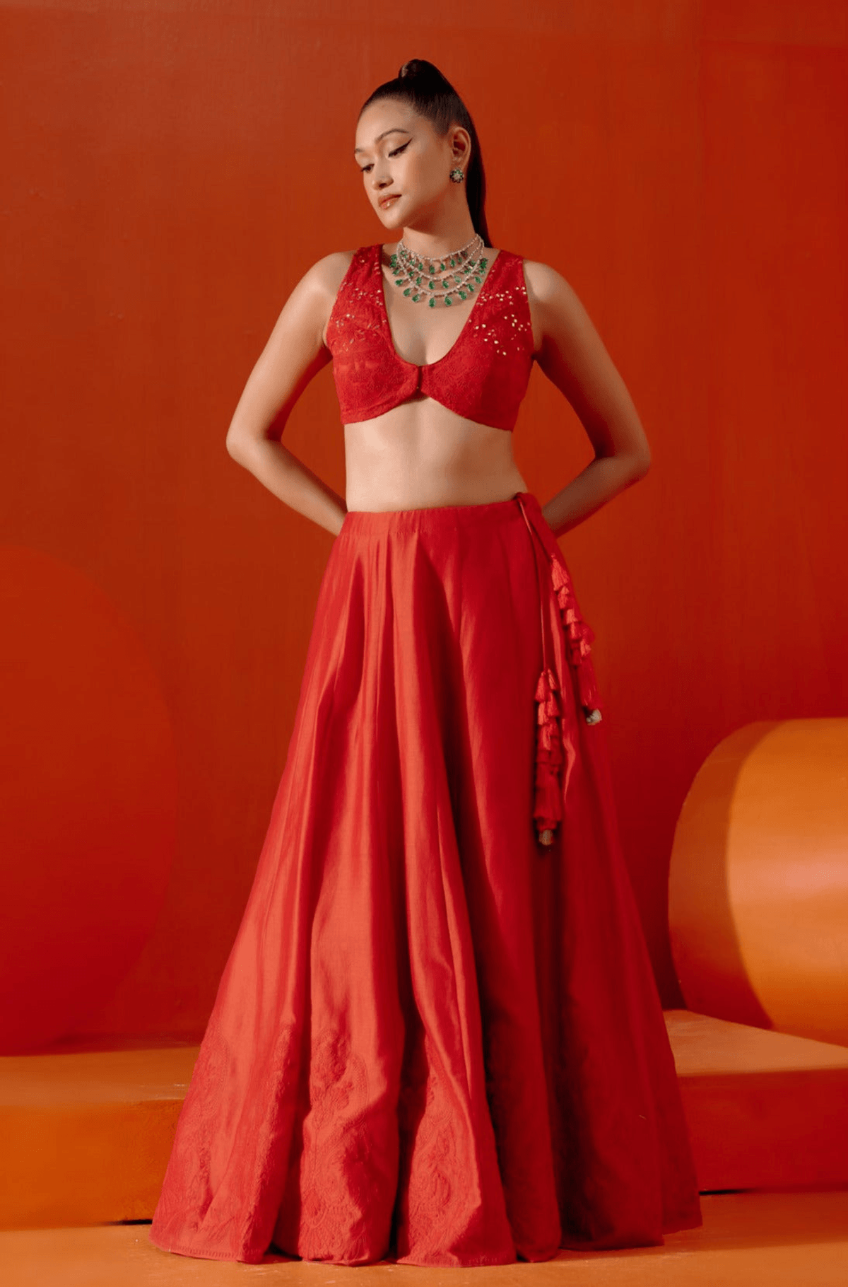 Aamna Sharif in Red Embroidered Silk Chanderi Lehenga Set - View 4 - Superr*