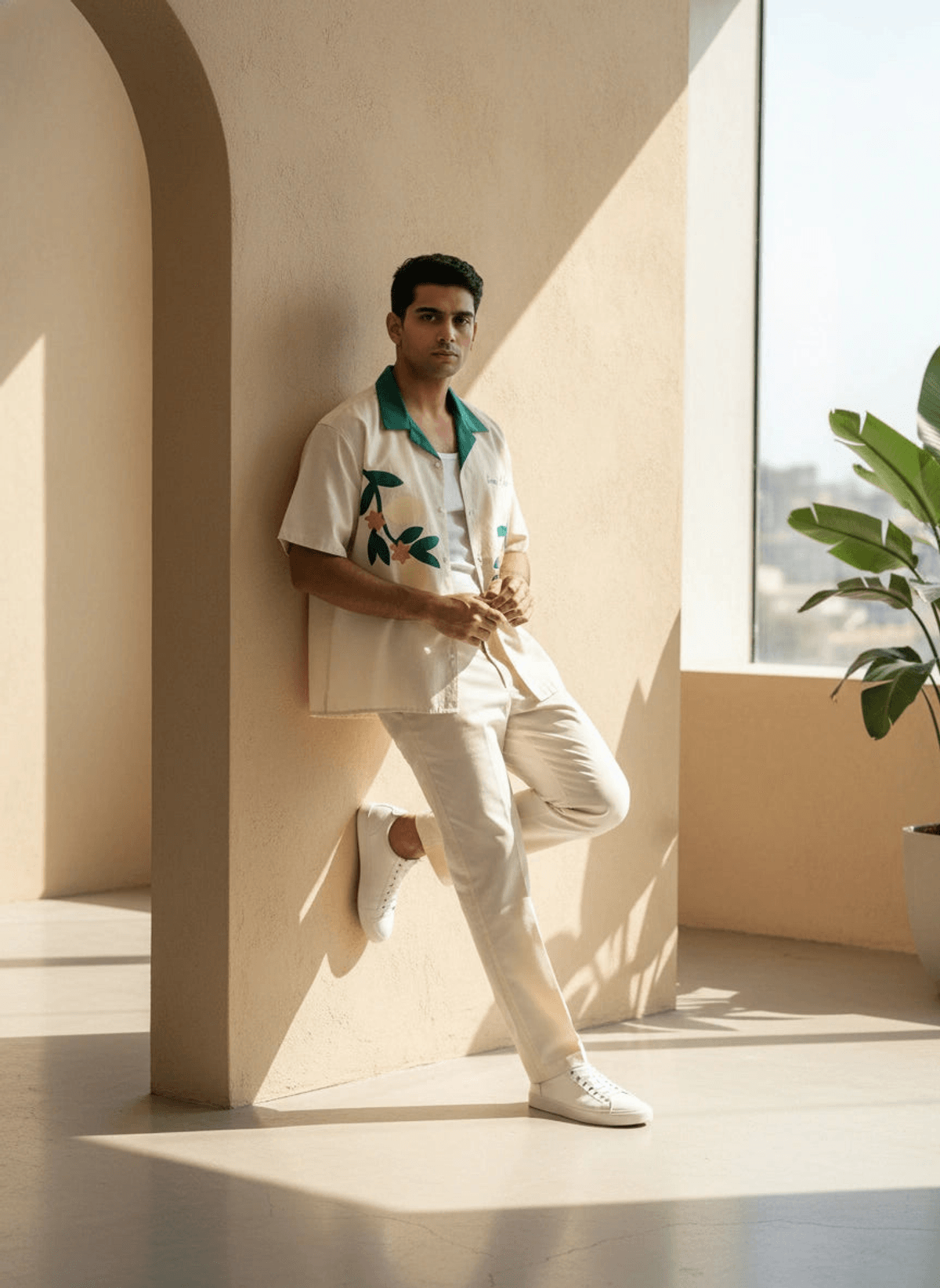 Tropical Bloom Camp Collar Shirt – Off White & Emerald Green - View 3 - Superr*