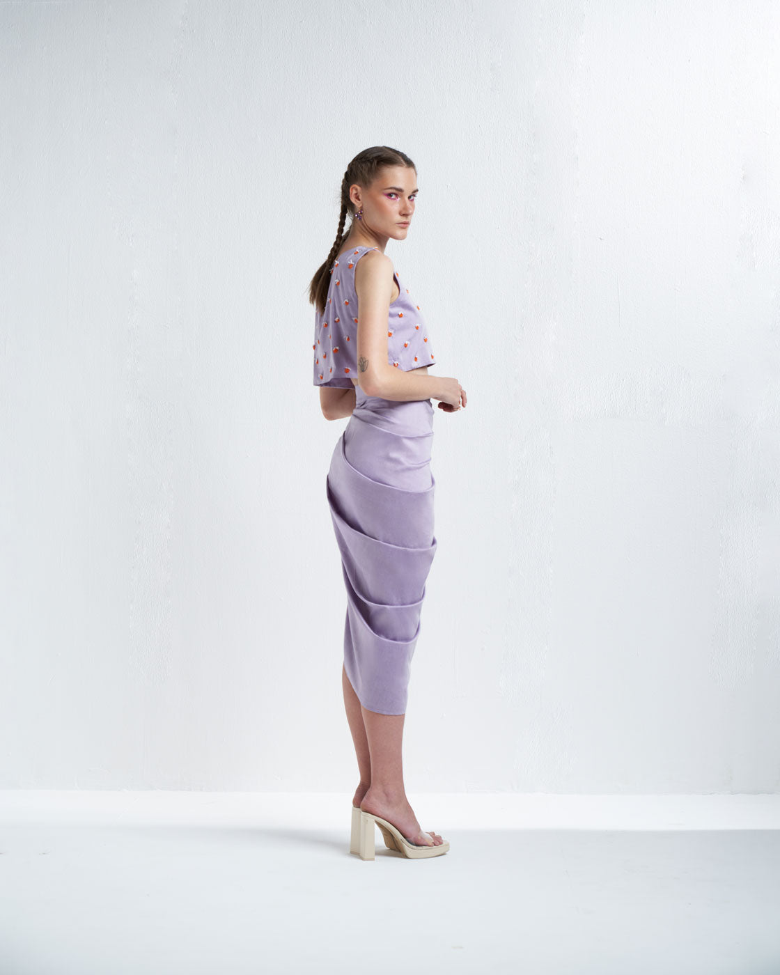 Lavender Round Neck Crop Top With Skirt Co Ord - View 4 - Superr*