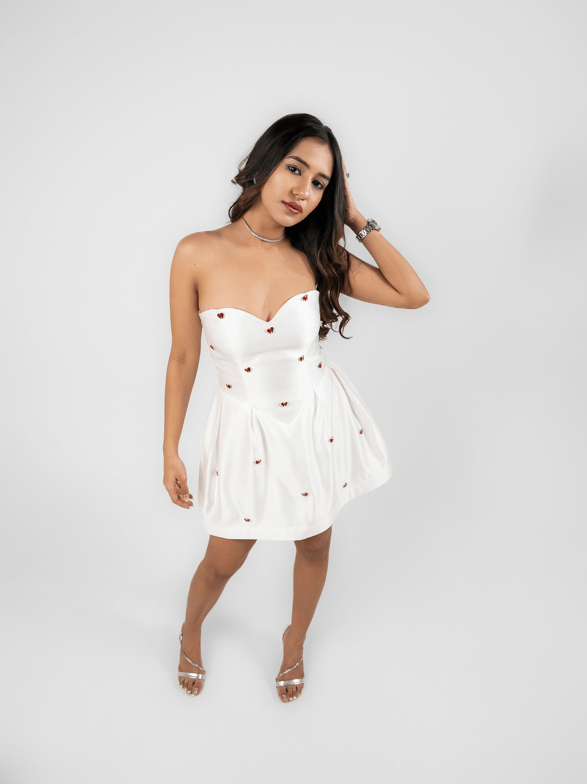 Azure - White mikado satin strapless mini dress with red stone detailing - View 4 - Superr*