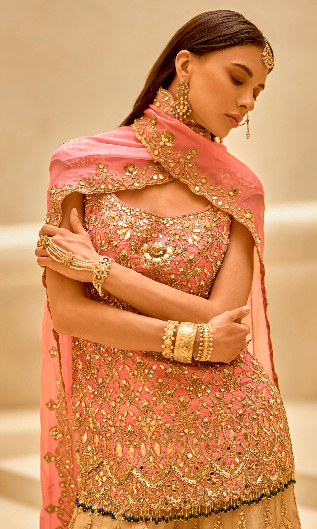 Onion Pink and Gold Sharara Set - View 2 - Superr*