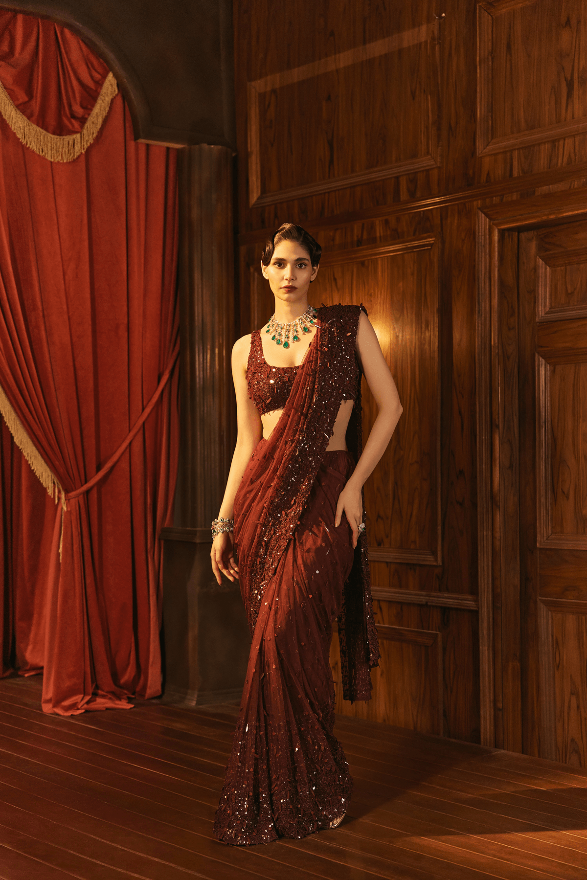 Burgundy glow- Sequin saree - View 3 - Superr*