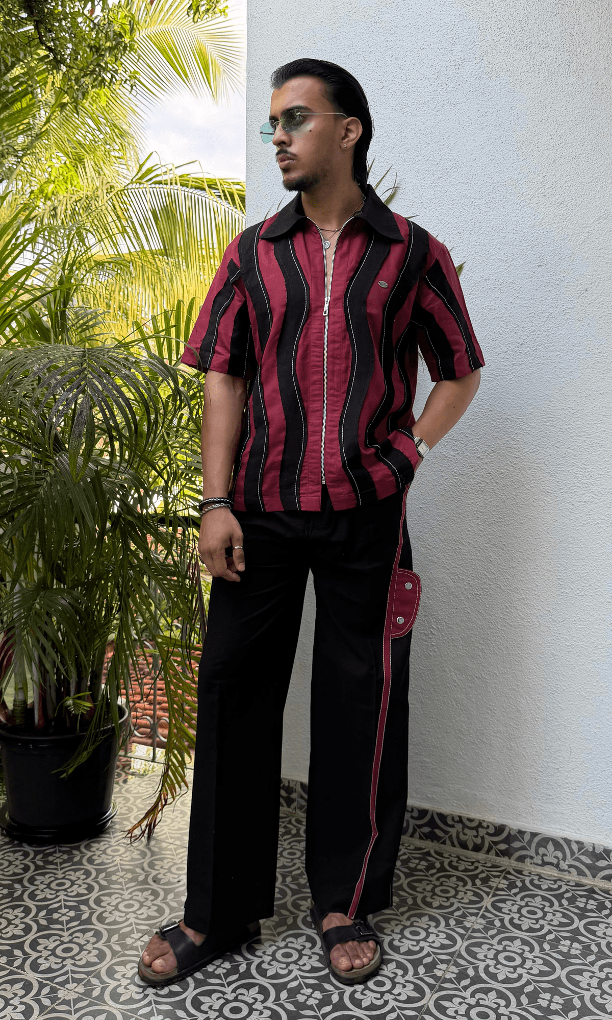 Wavy Maroon Black Linen Men Set - View 2 - Superr*