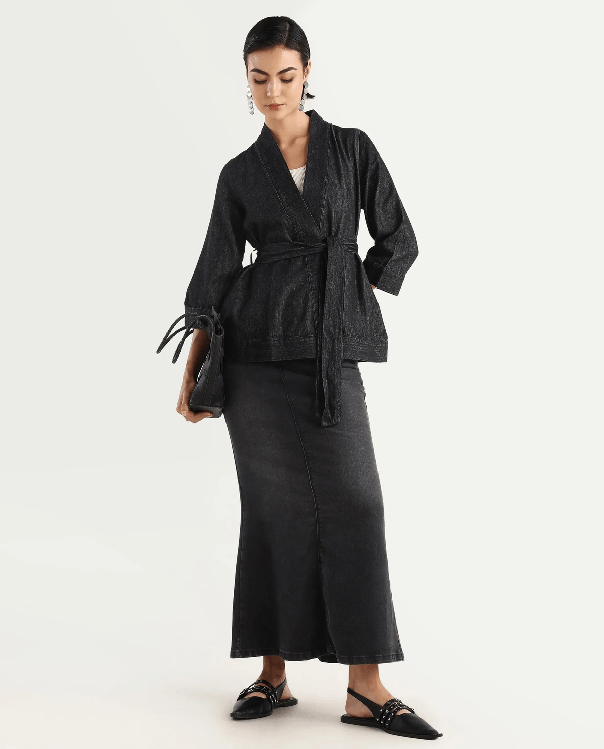 Rareism Women's Zezamy Black Cotton Wrap Neck Plain Regular Fit Jacket - View 2 - Superr*