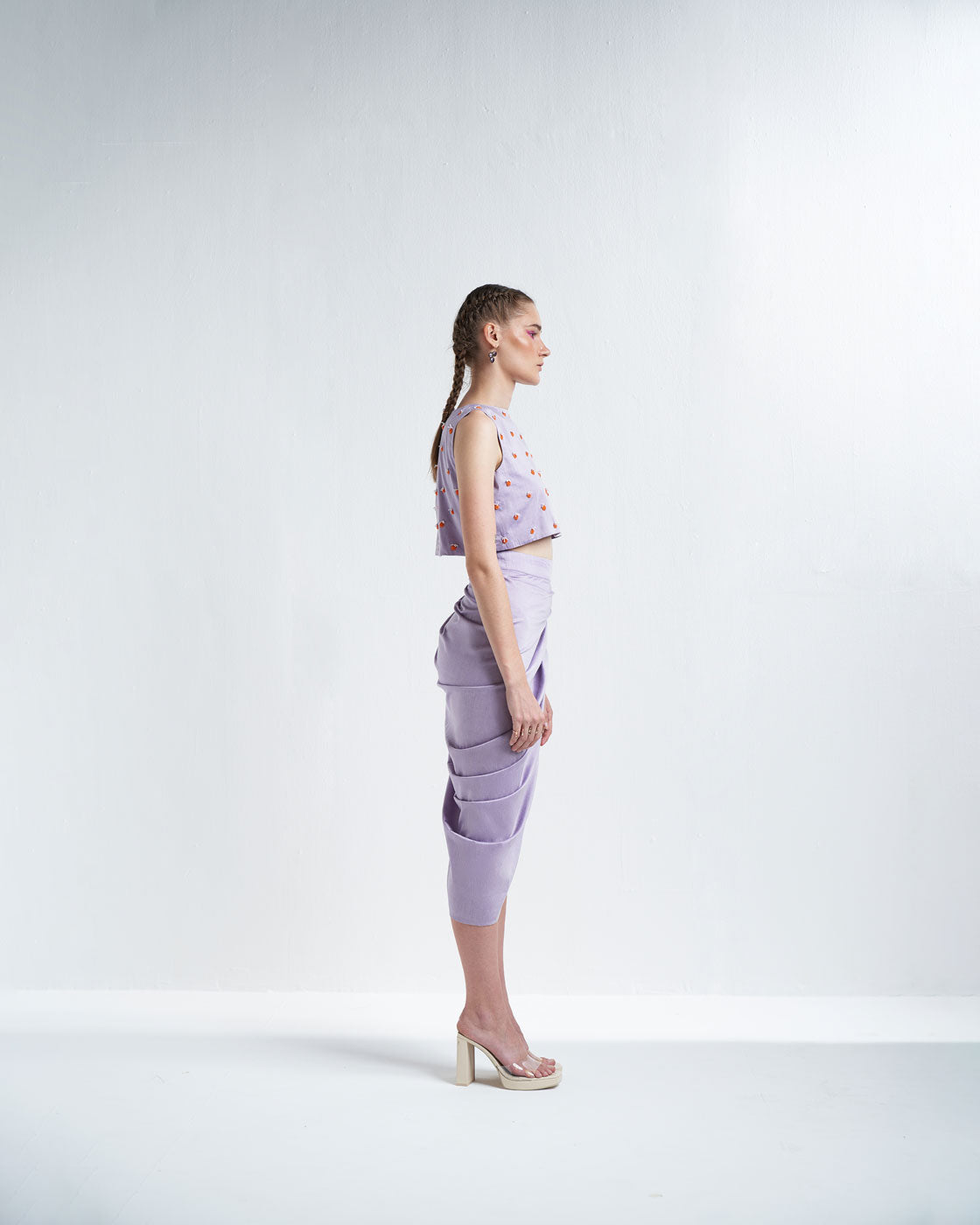 Lavender Round Neck Crop Top With Skirt Co Ord - View 2 - Superr*