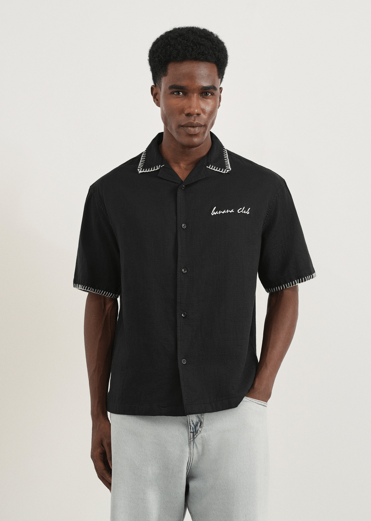 Black Contrast Embroidered Cotton Shirt - View 3 - Superr*