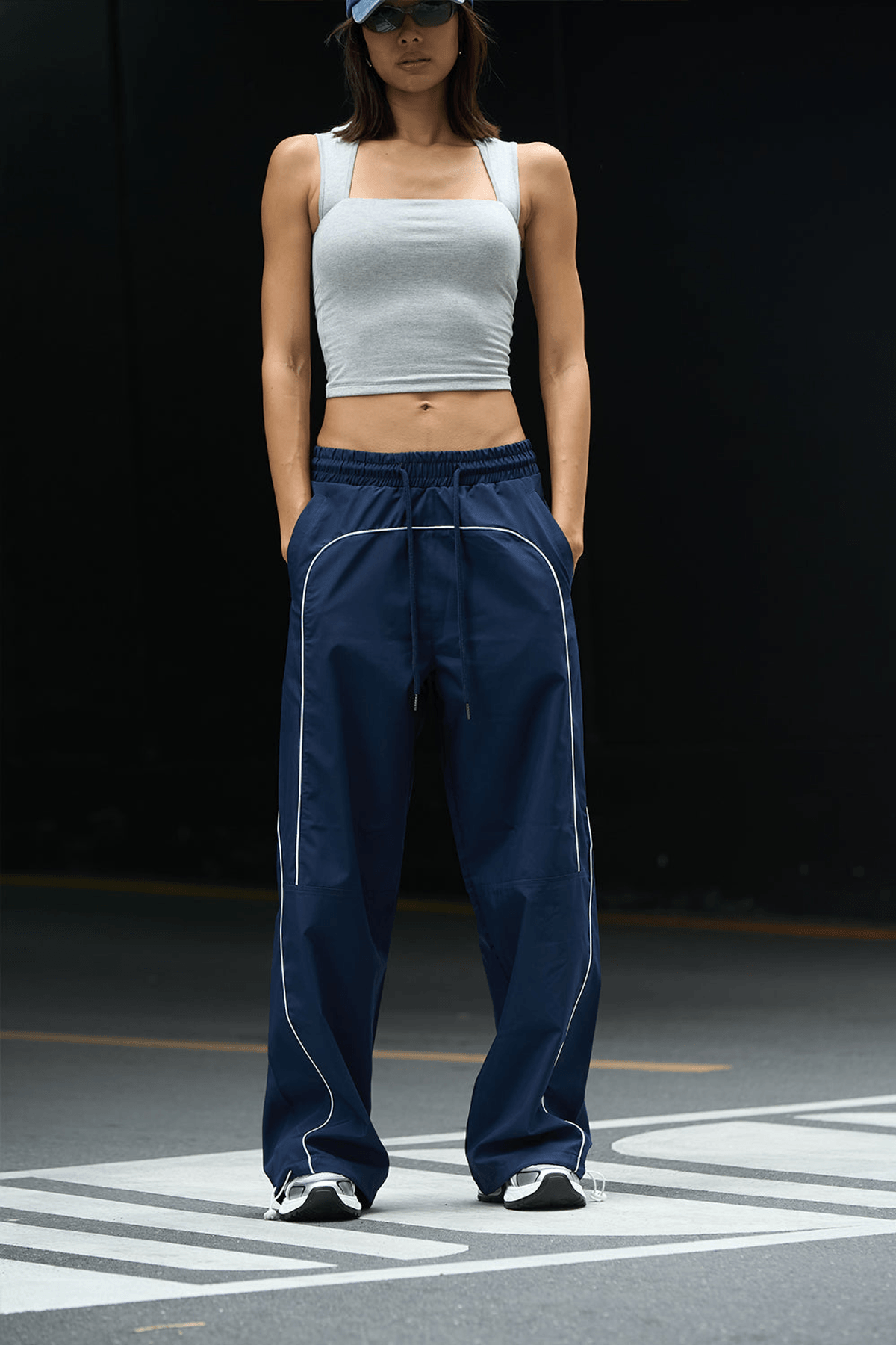 Navy Blue Sporty Deconstructed Loose Pants - View 2 - Superr*