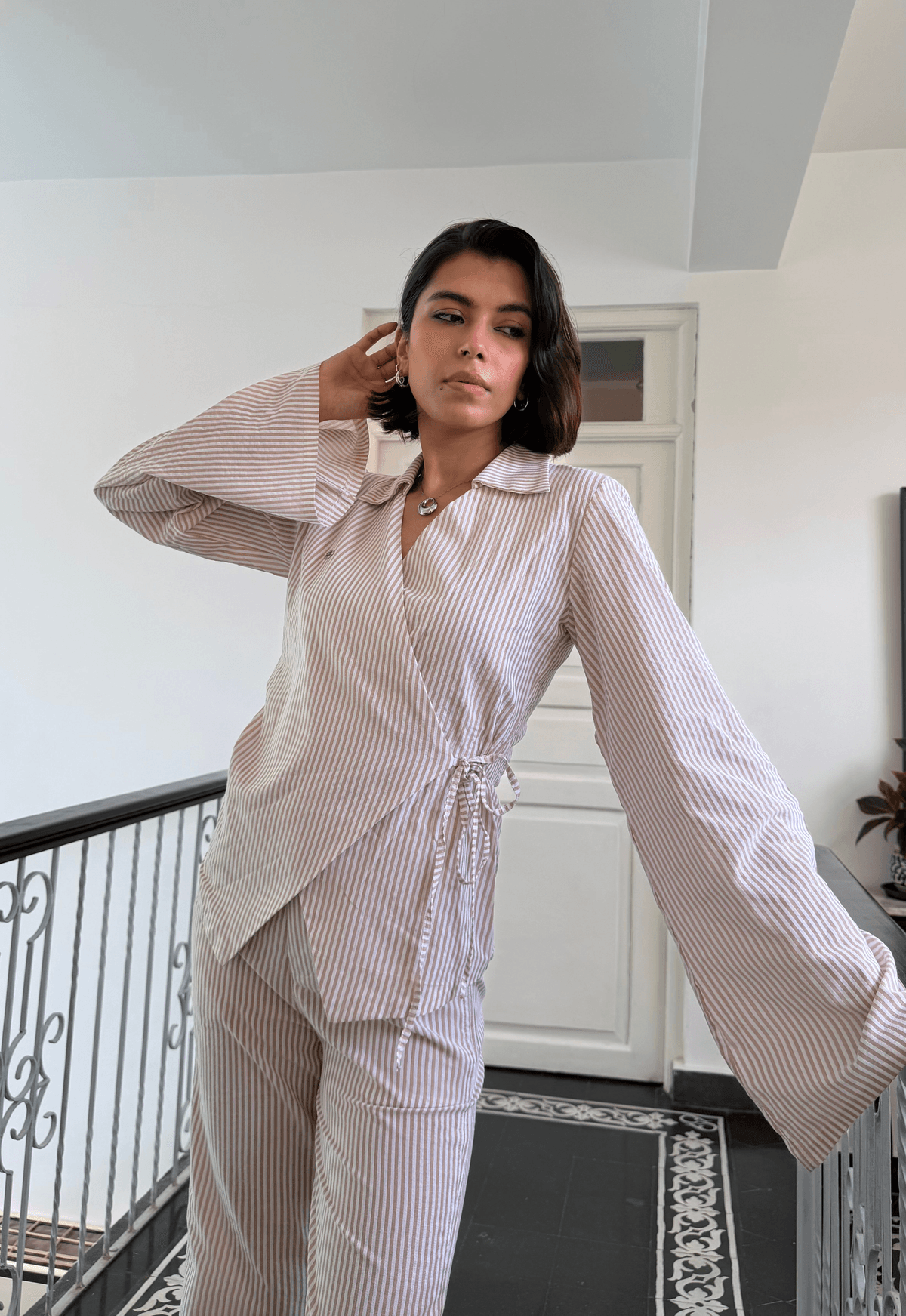 Beige Stripe Women Set - View 4 - Superr*