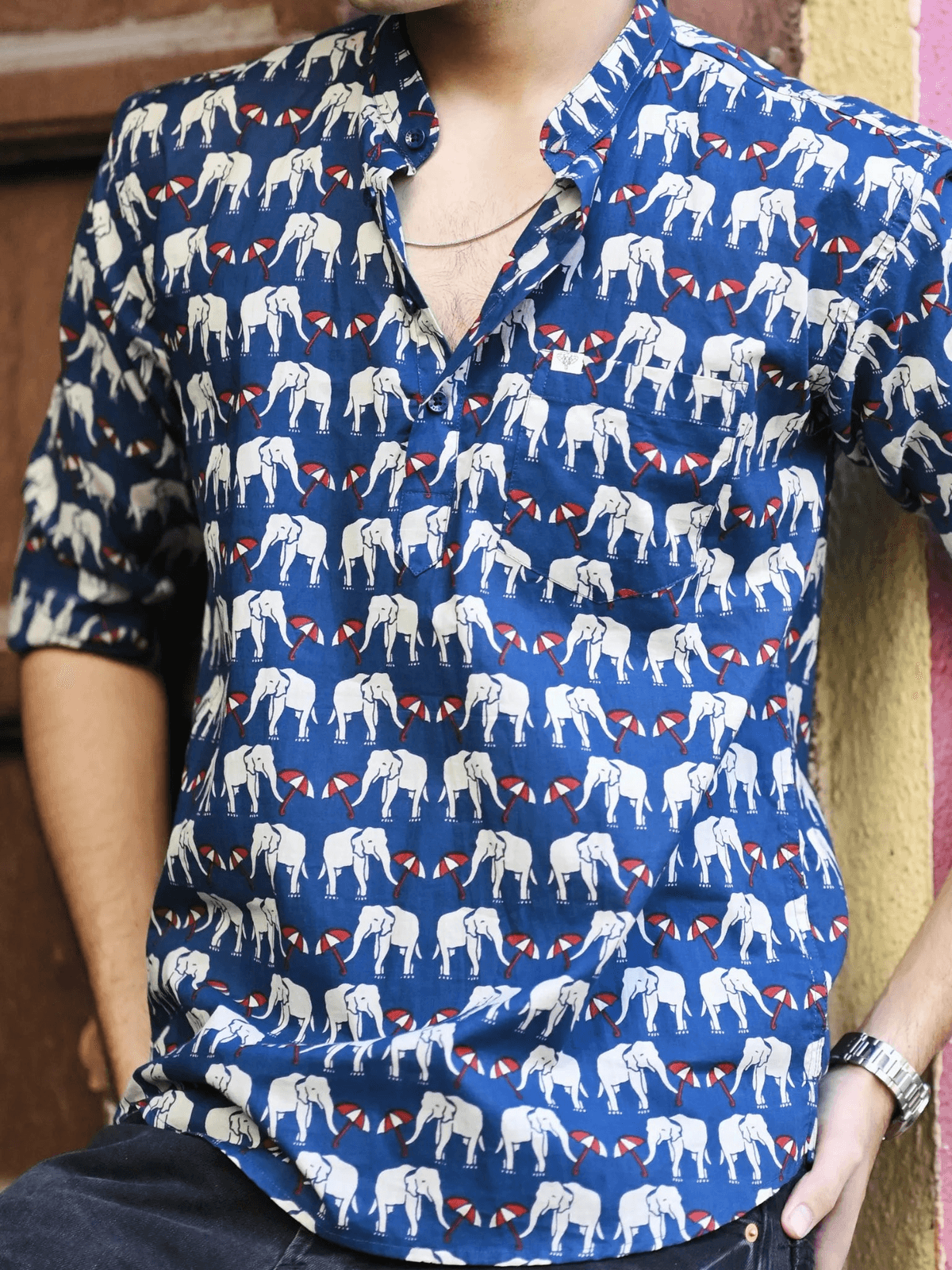 Navy Blue Elephant Umbrella Printed Short Kurta - View 2 - Superr*