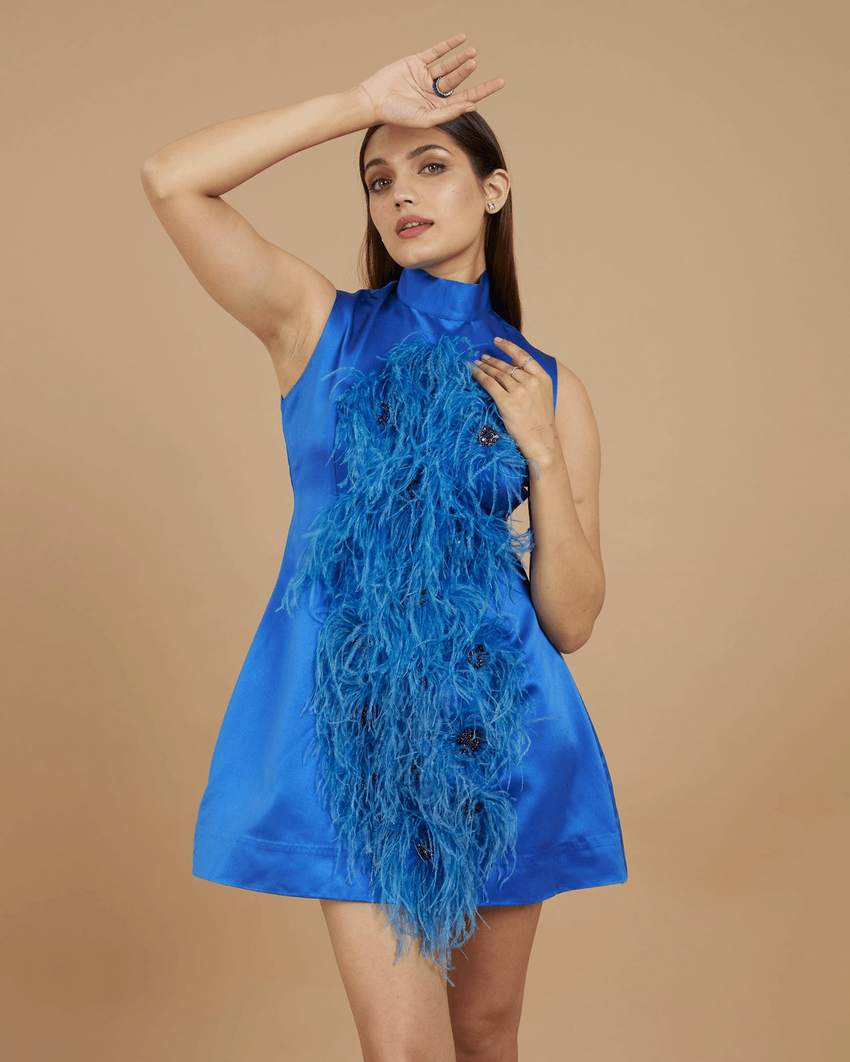Iris - Electric blue turtleneck mini dress with feather flower detailing - View 2 - Superr*