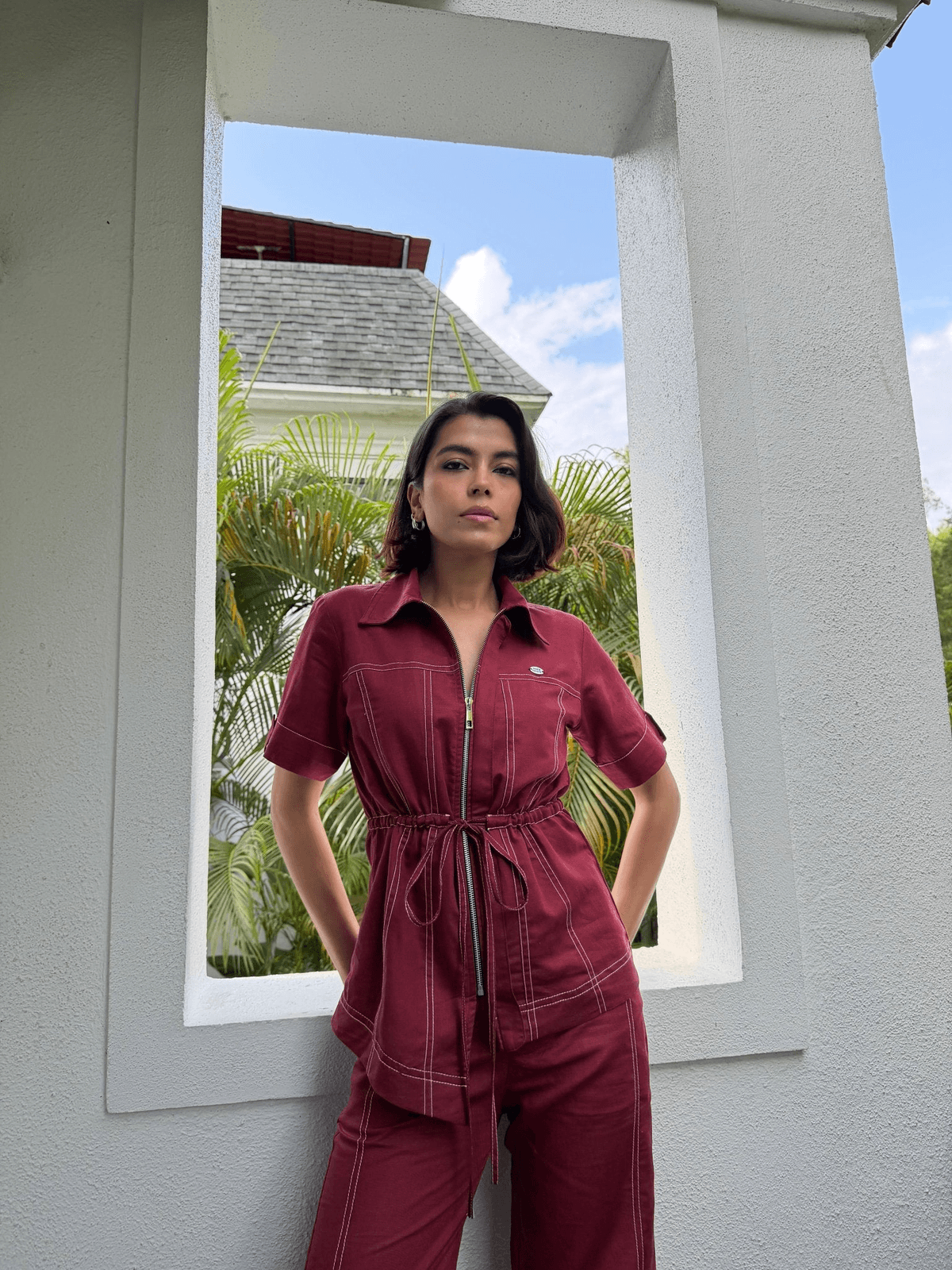 Maroon Linen Women Set - View 3 - Superr*