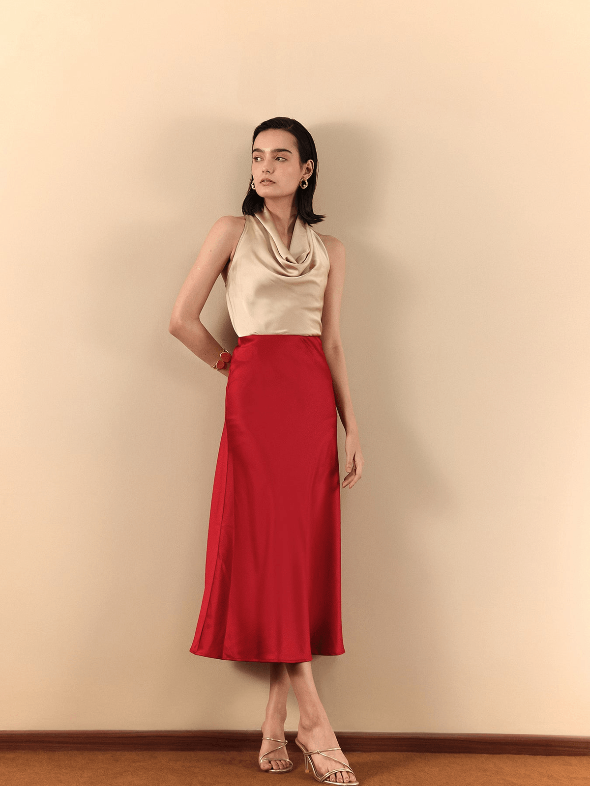 Satin A-Line Midi Skirt - Red - View 2 - Superr*