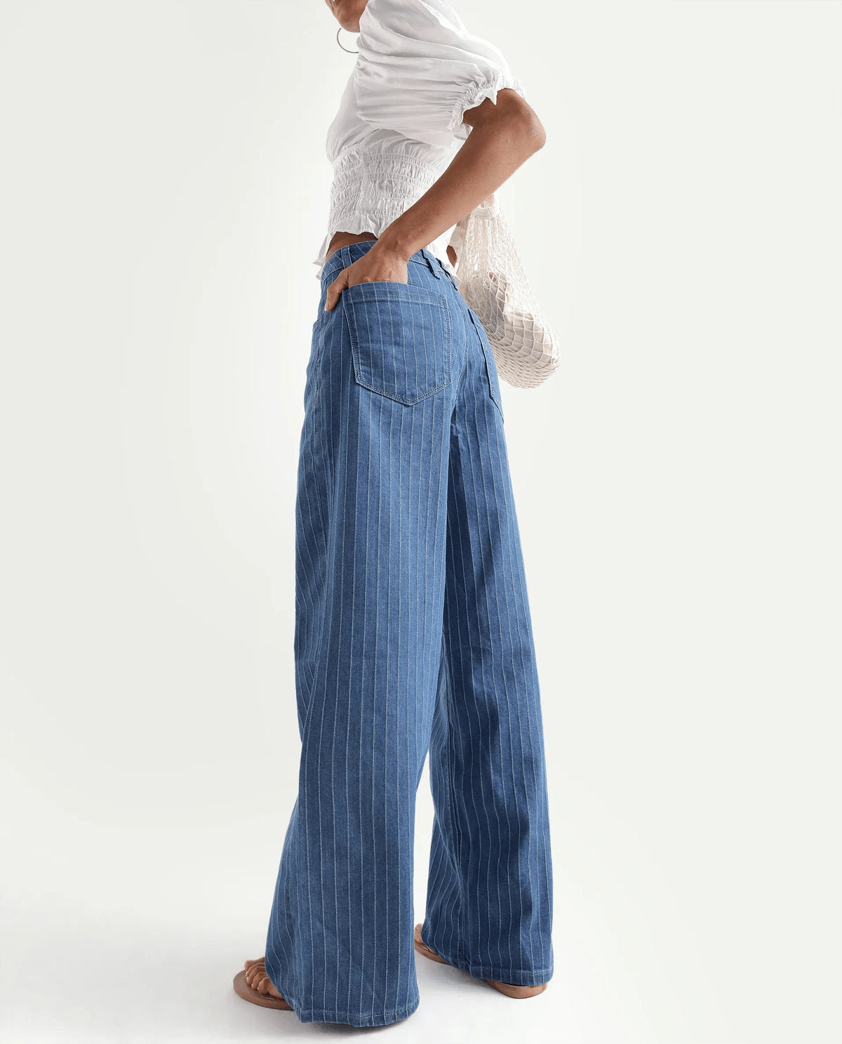 Rareism Women's Minik Blue Cotton Blend Striped Ankle Length Wide Jeans - View 2 - Superr*
