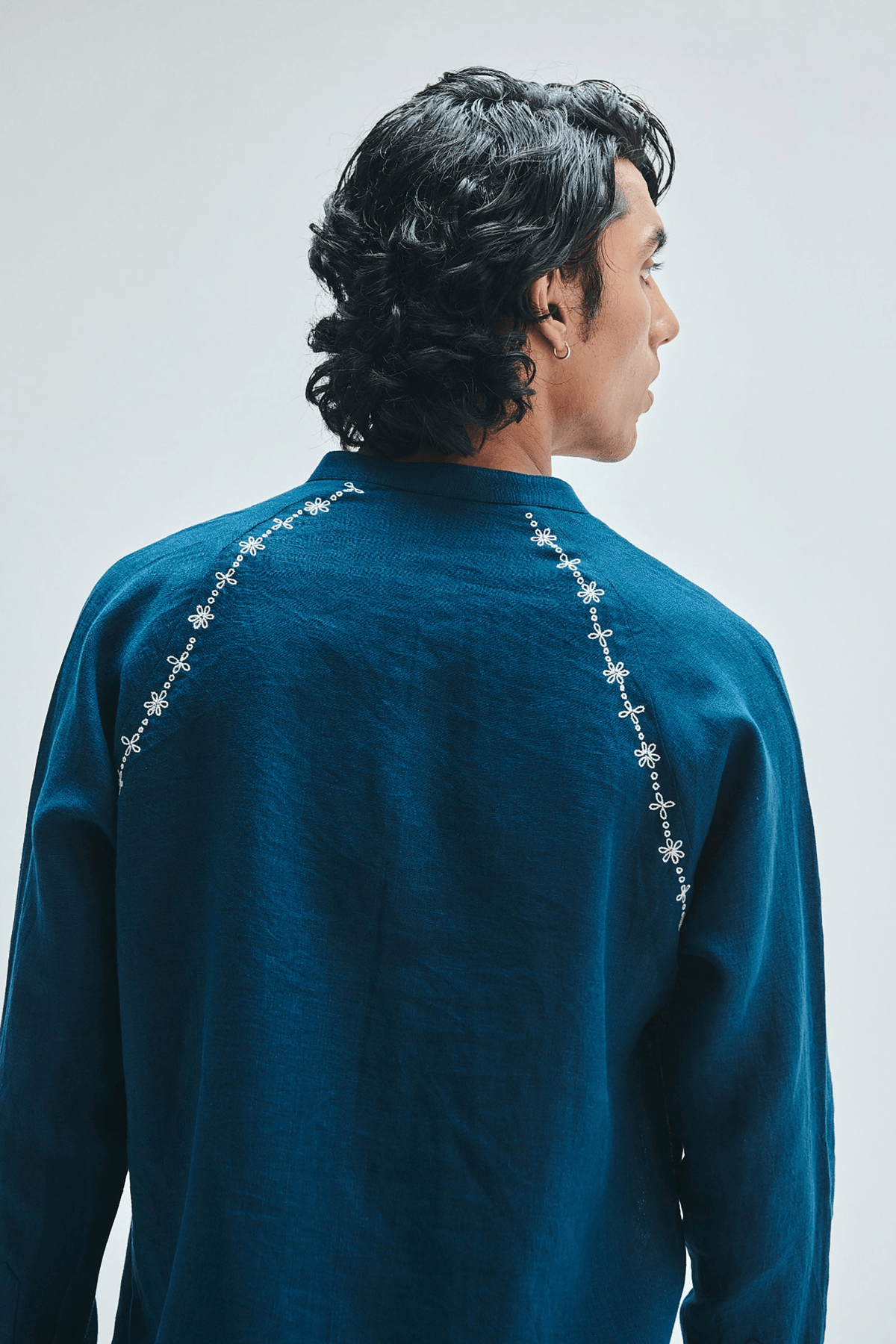 Indigo Linen Embroidered Men's Raglan Shirt - View 2 - Superr*
