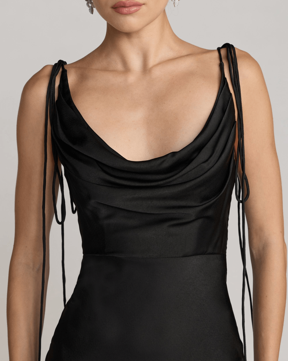 Black Charmeuse Cowl Gown With Thin Bow Straps - View 2 - Superr*