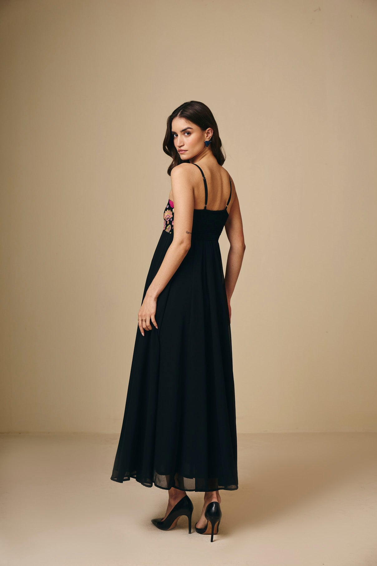 Black Embroidered Chiffon Maxi Dress - View 4 - Superr*