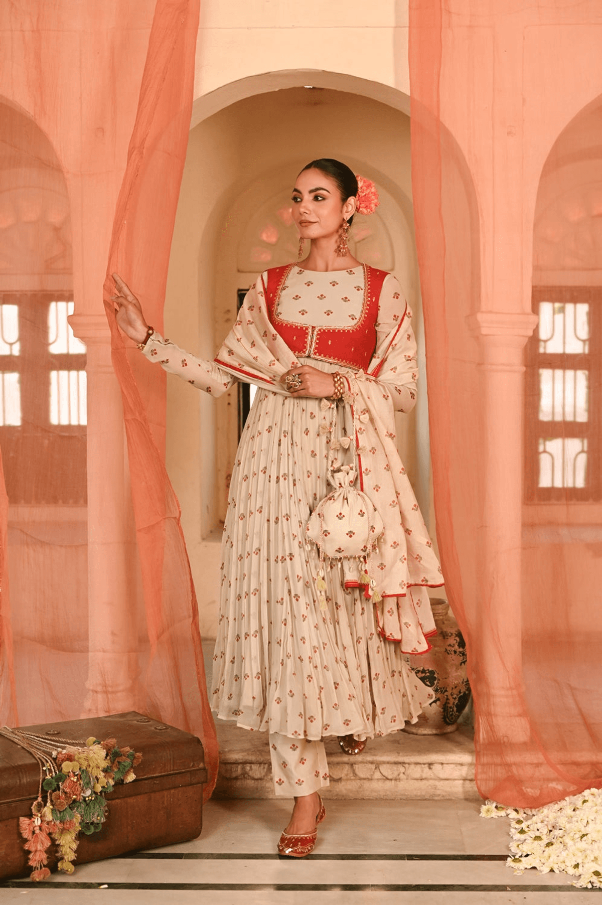 Beige, Red Chiffon Gulal Anarkali Set - View 2 - Superr*