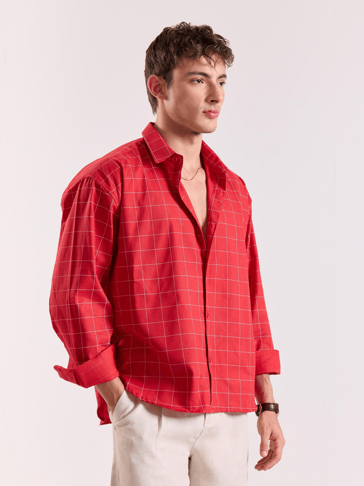Red Checkered Linen Cropped Shirt - View 4 - Superr*