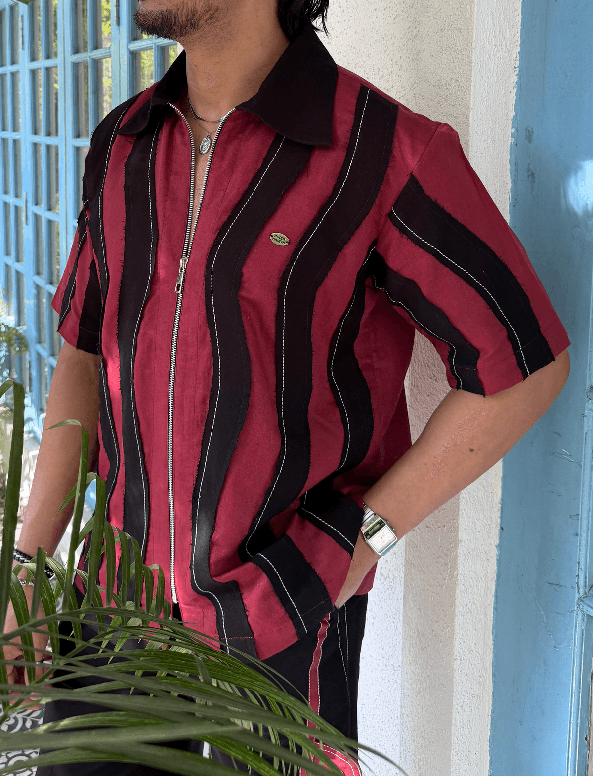 Wavy Maroon Black Linen Men Set - View 3 - Superr*