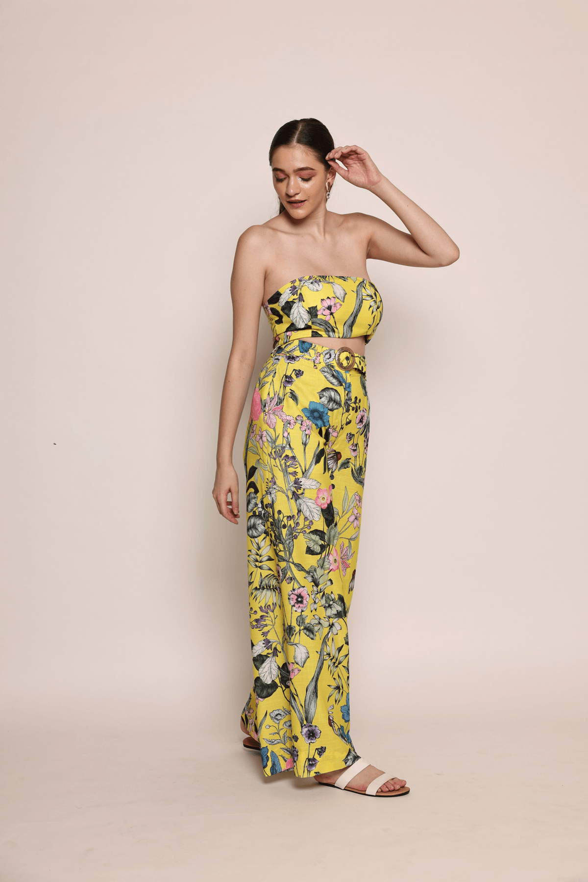 Capri - Yellow garden print tube top & relaxed fit pants co-ord set - View 3 - Superr*