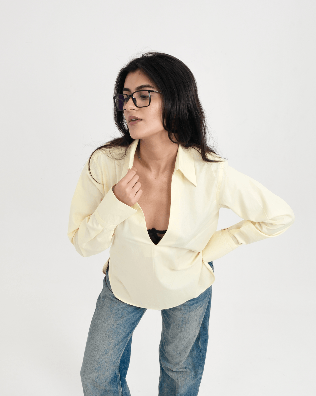 Butter Yellow Cotton V-Neck Shirt - View 3 - Superr*