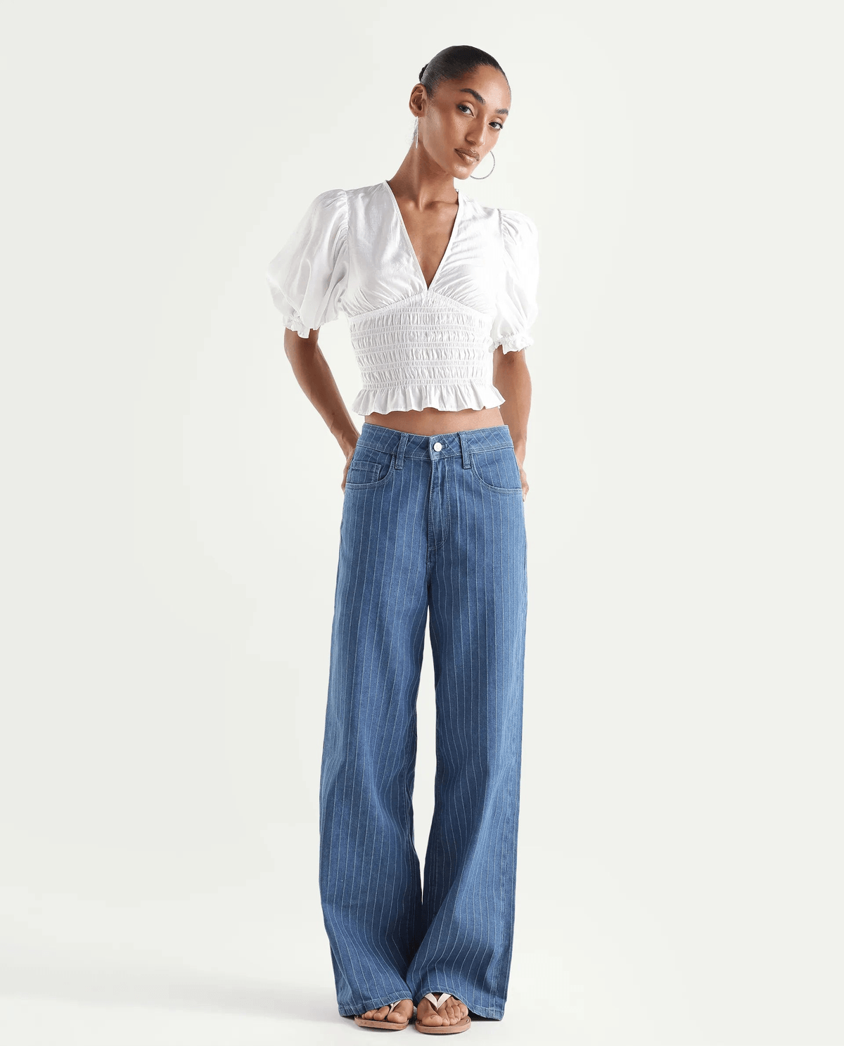 Rareism Women's Minik Blue Cotton Blend Striped Ankle Length Wide Jeans - View 3 - Superr*