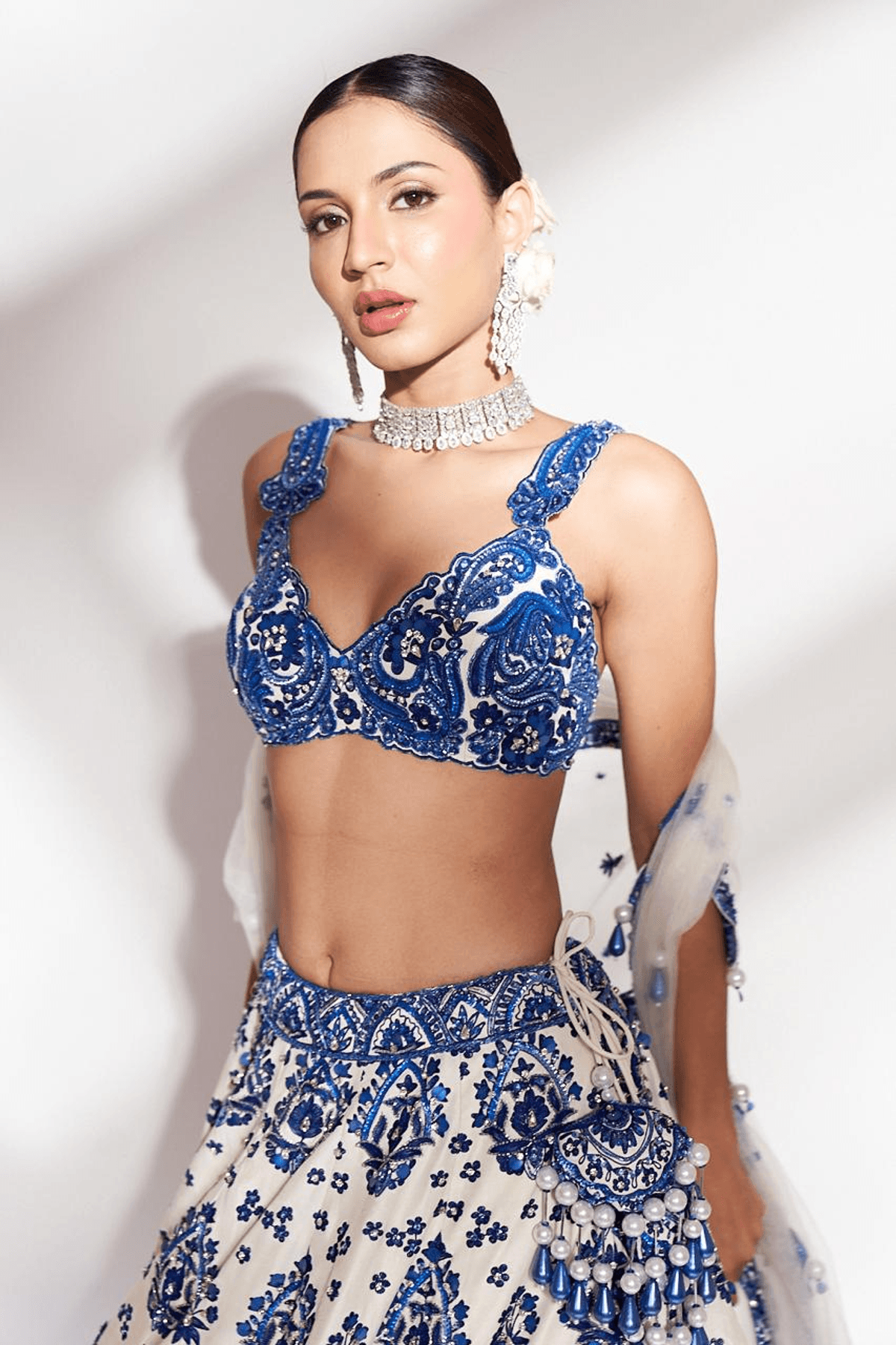 Royal Azure: Blue and White Embroidered Lehenga with Scallop Dupatta - View 4 - Superr*