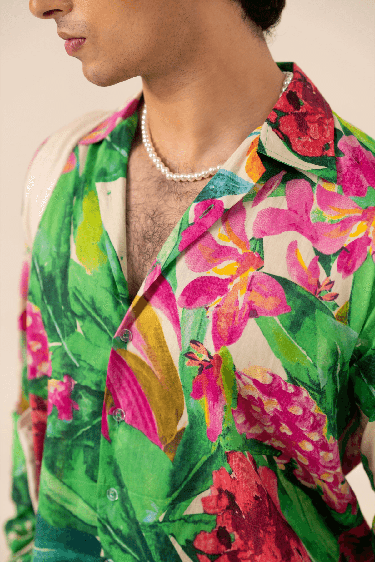 Firangi Yarn Cotton Crop Shirt with Cuban Collar - Beach Botanicals - View 3 - Superr*