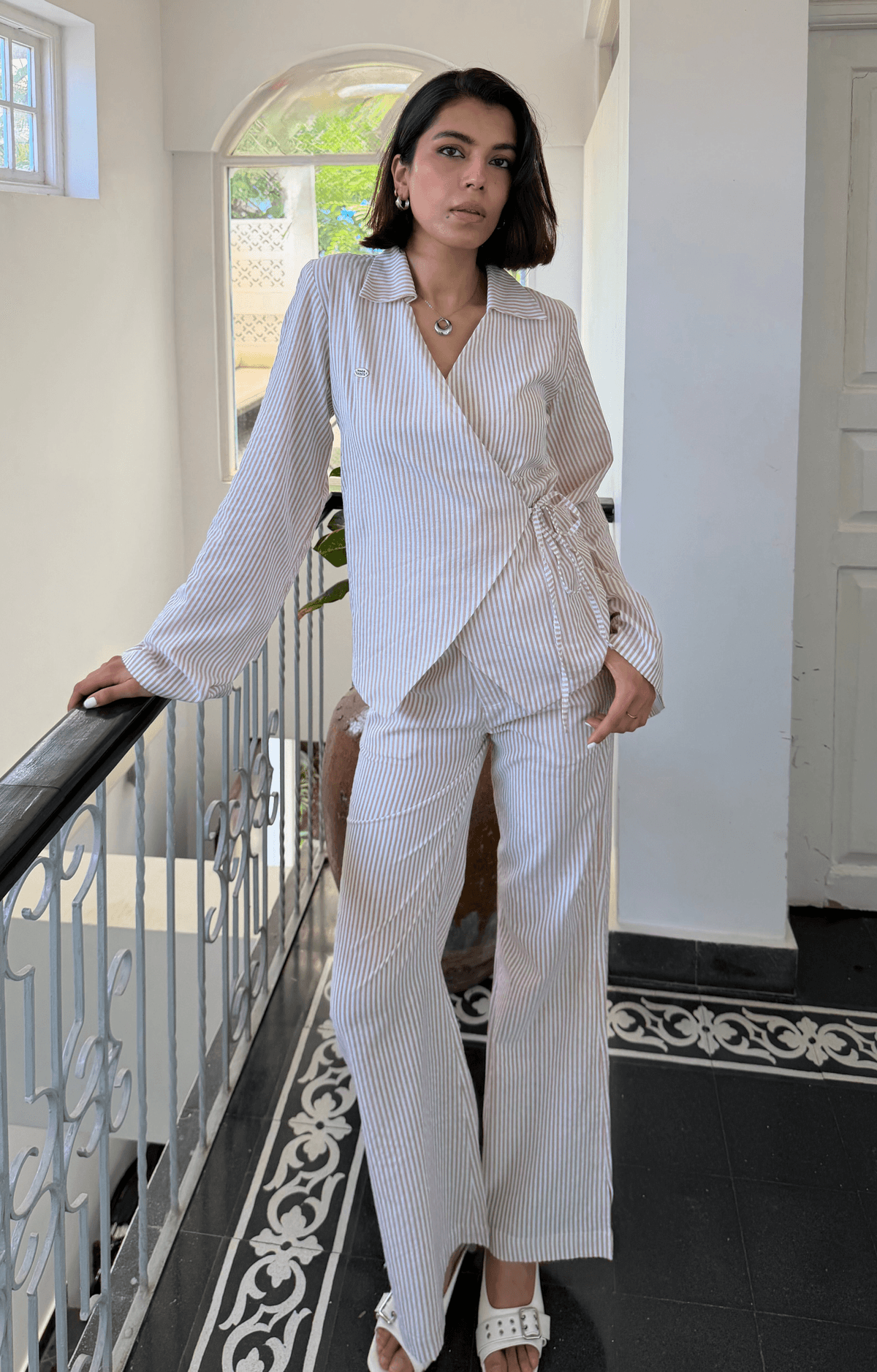 Beige Stripe Women Set - View 3 - Superr*