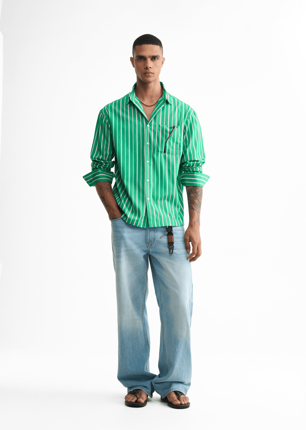 Green Cotton Striped Boxy Shirt - View 2 - Superr*