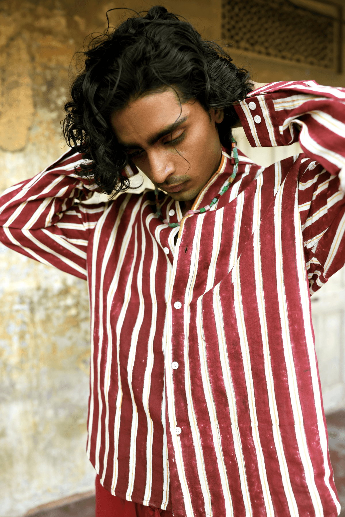 Maroon Hand-Blocked Stripe Linen Shirt - View 4 - Superr*
