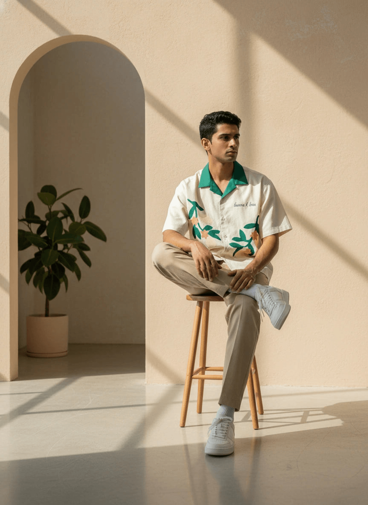 Tropical Bloom Camp Collar Shirt – Off White & Emerald Green - View 2 - Superr*